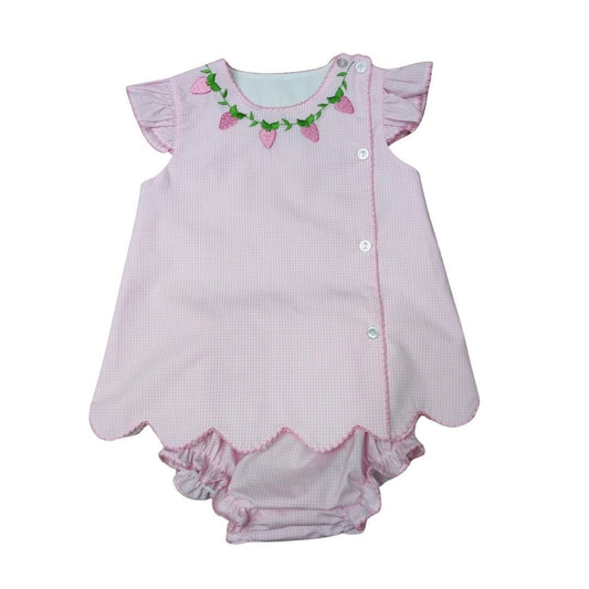 Embroidered Strawberry Neckline Side Button Bloomer Set