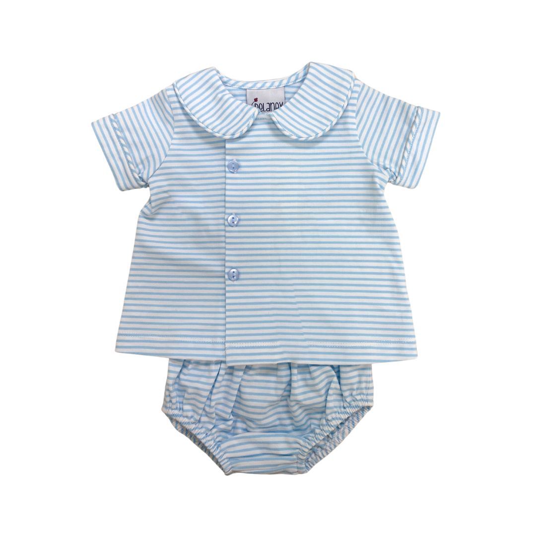 Blue Stripe Side Button Peter Pan Collar Diaper Set