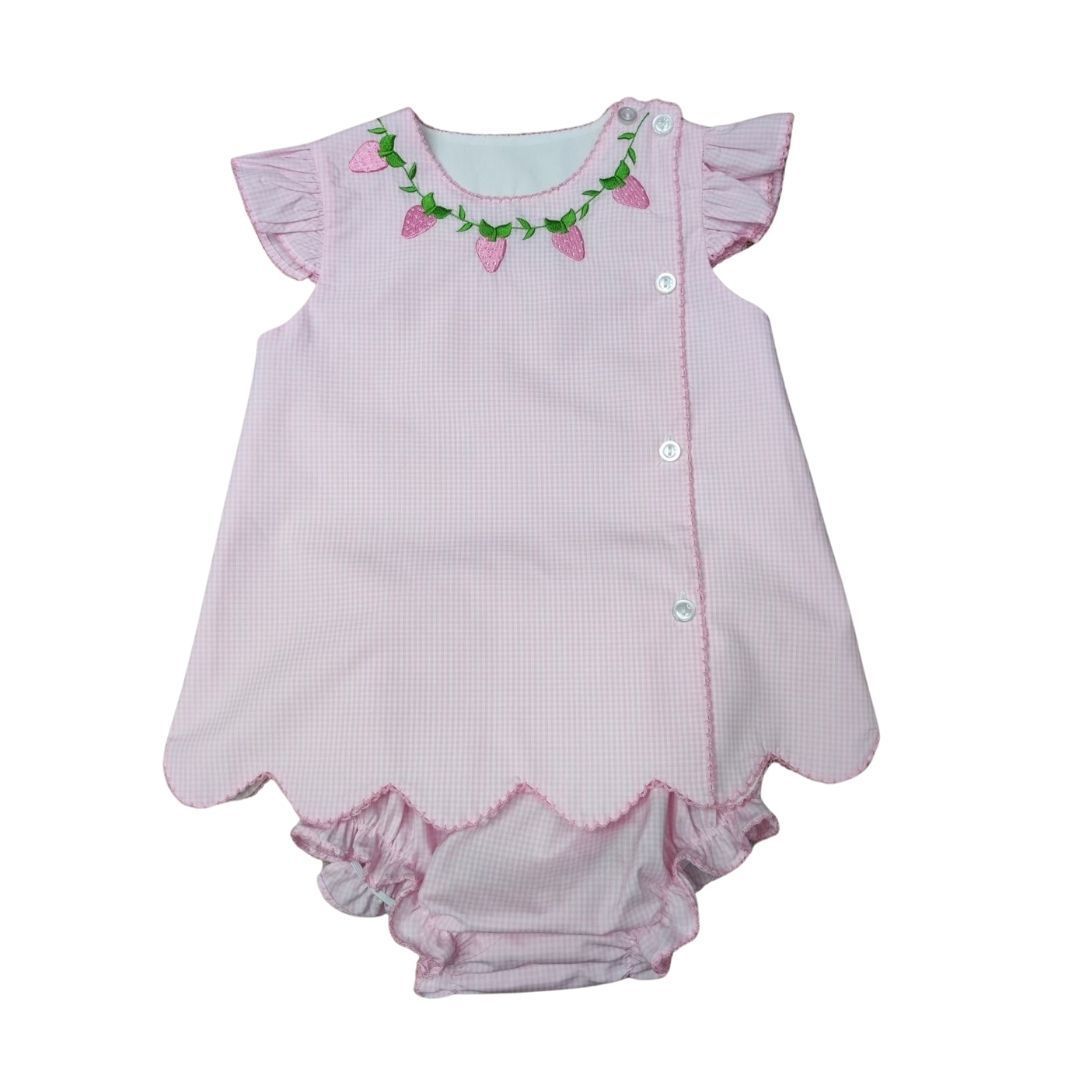 Embroidered Strawberry Neckline Side Button Bloomer Set
