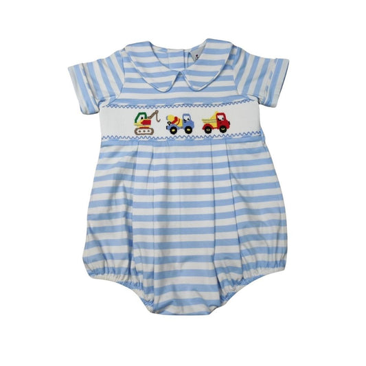 Blue Stripe Smocked Work Trucks Bubble