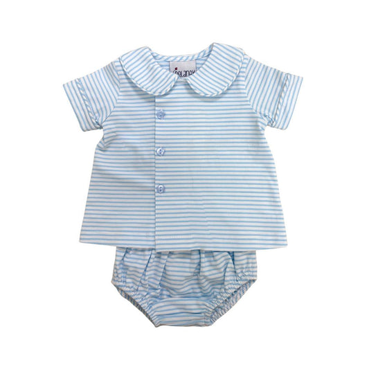 Blue Stripe Side Button Peter Pan Collar Diaper Set