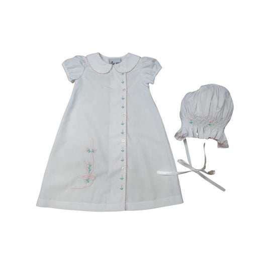 White Side Button Shadow Pink Bow Daygown & Bonnet