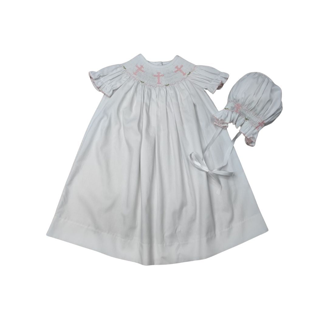 Pink Cross Smocked Daygown & Bonnet