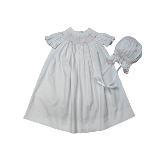 Pink Cross Smocked Daygown & Bonnet