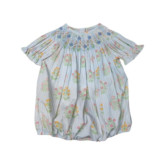 Blue Stripe Floral Smocked Bishop Bubble