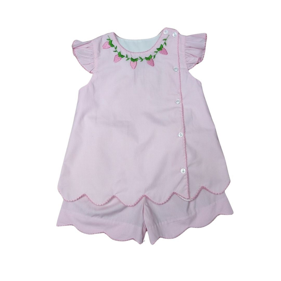 Embroidered Strawberry Neckline Side Button Short Set