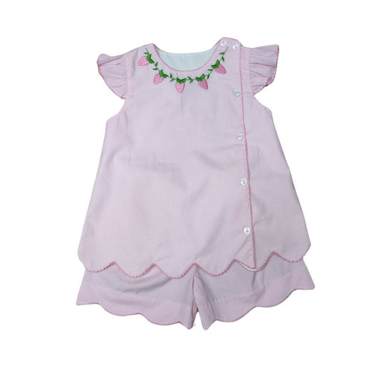 Embroidered Strawberry Neckline Side Button Short Set