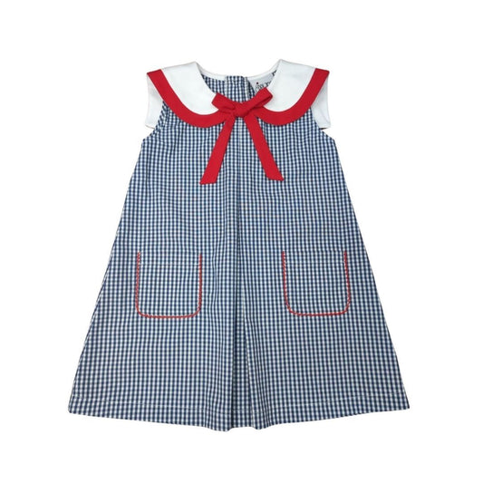 Navy Check Pleat Front Sailor Dress