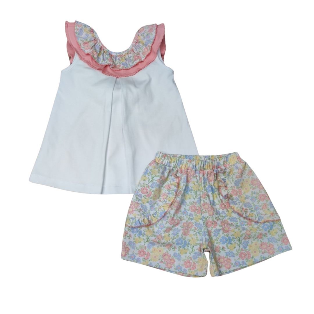 Pastel Floral Ruffle Flower with Bow Back Short Set