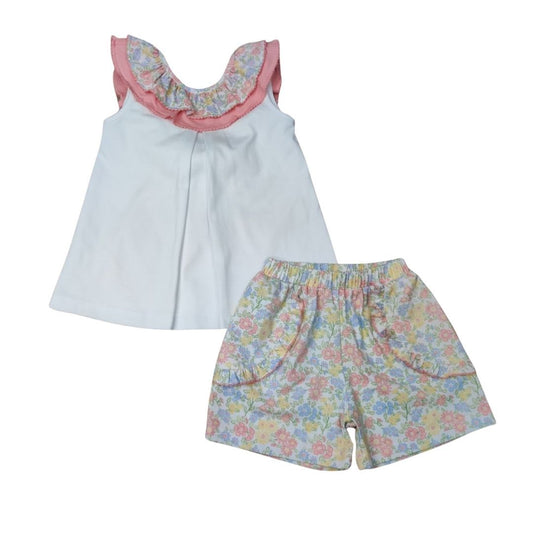 Pastel Floral Ruffle Flower with Bow Back Short Set