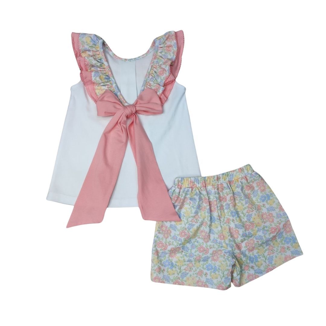 Pastel Floral Ruffle Flower with Bow Back Short Set