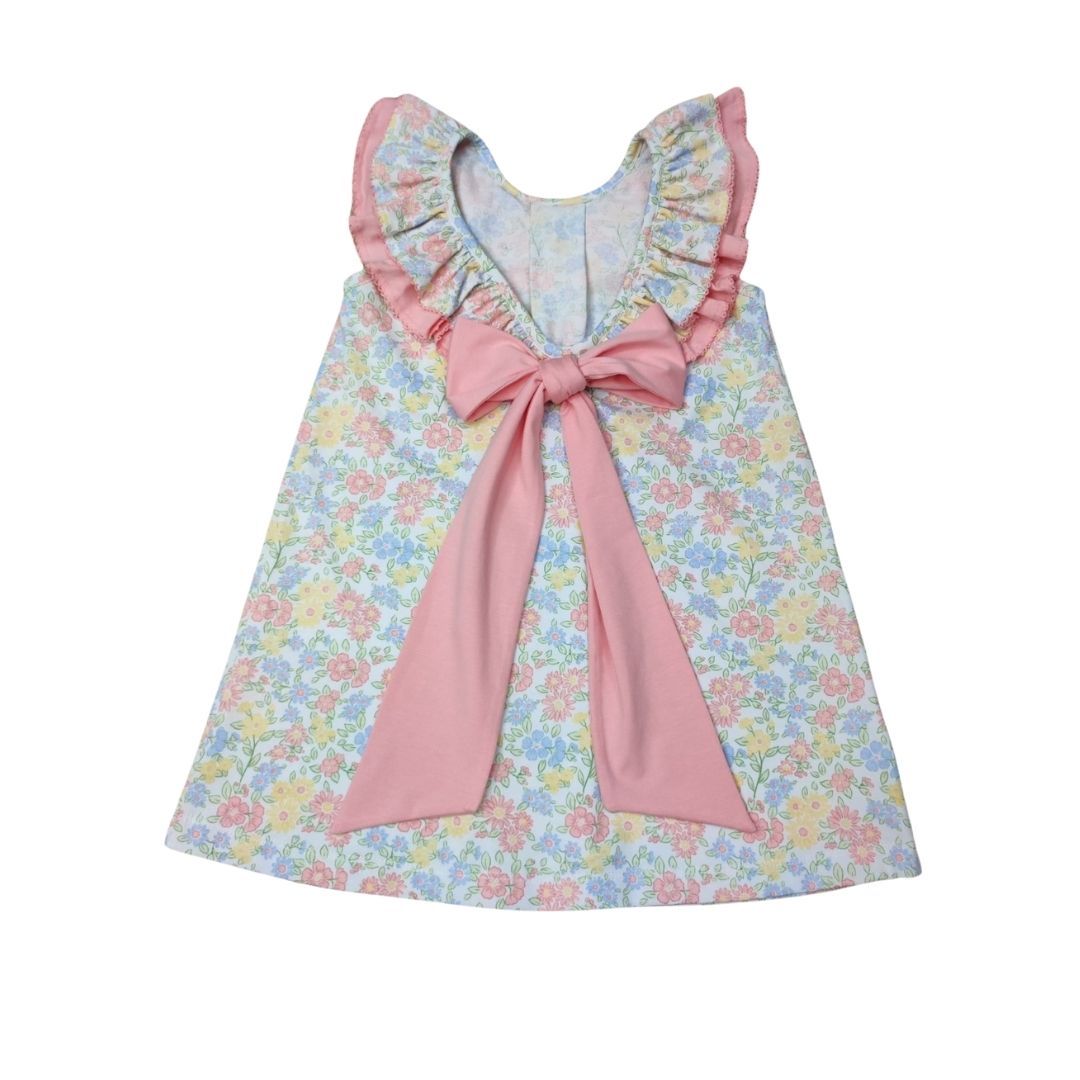 Pastel Floral Ruffle Collar with Bow Back Dress