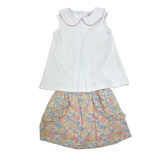 Pastel Floral Skort White Knit Pleat Front Top