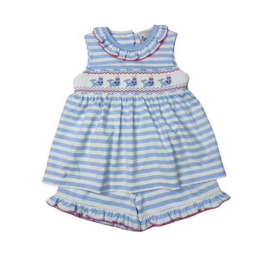 Blue Stripe Smocked Whale Short Set