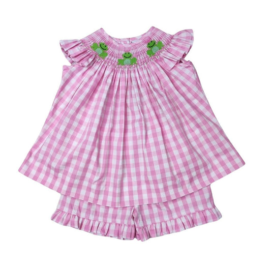 Pink Check Smocked Frog Short Set