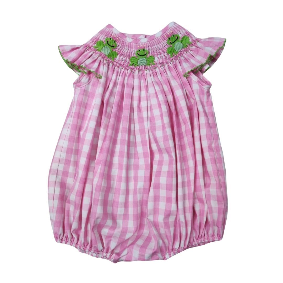 Pink Check Smocked Frog Bubble